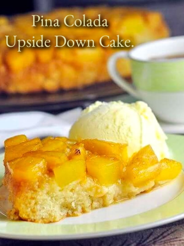 Pina colada upside down cake with title text added for tPinterest.