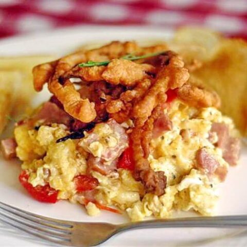 Roasted Red Pepper and Country Ham Scramble with Tempura Red Onion