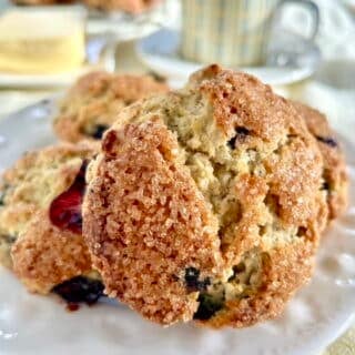 Blueberry Oatmeal Scones close up square cropped photo of sugar on top of a scone