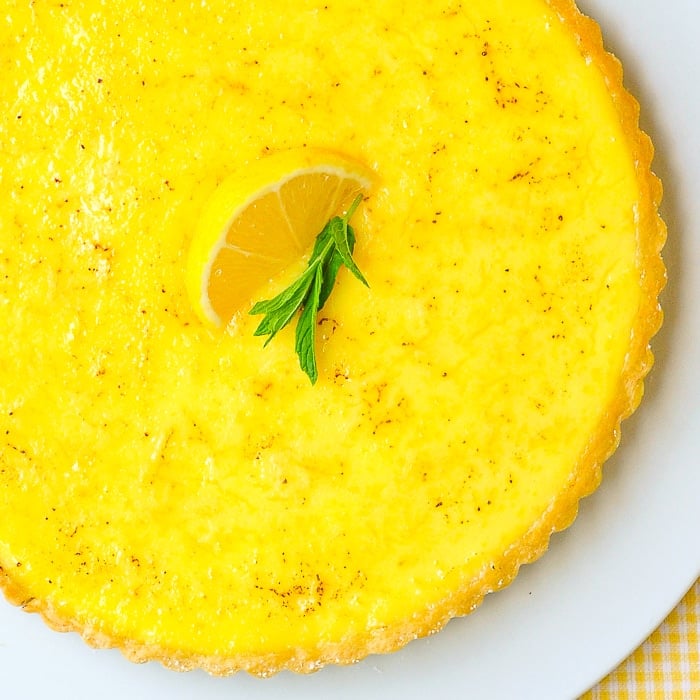 Close up overhead photo of classic lemon tart