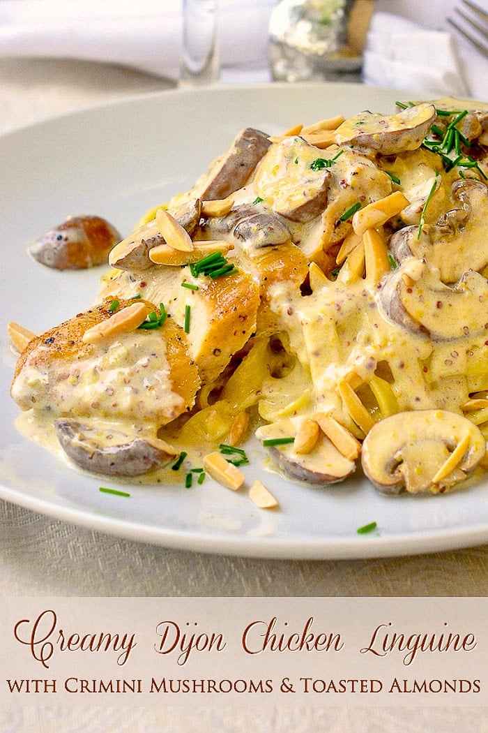 Creamy Dijon Chicken Linguine image with title text for Pinterest