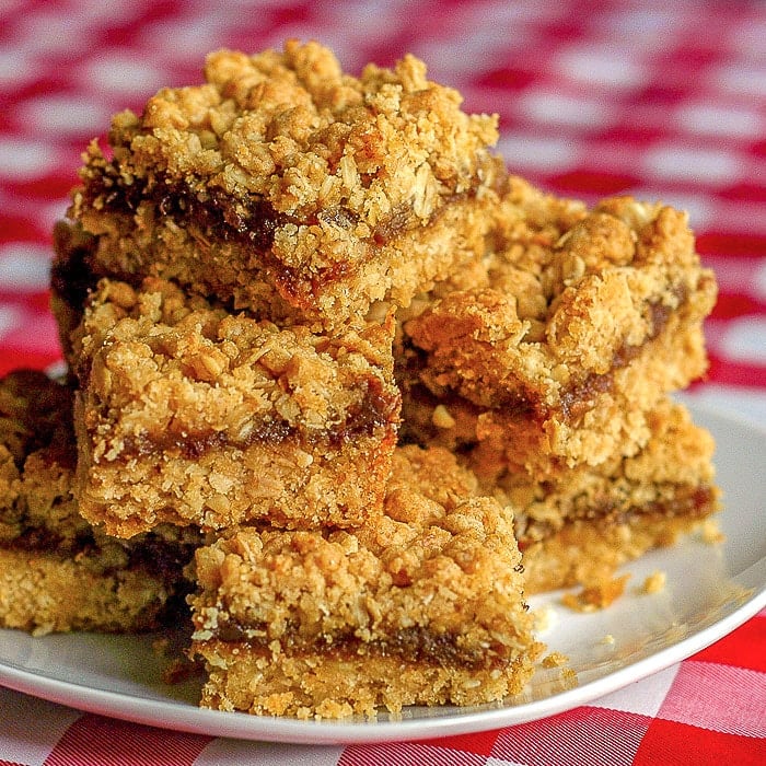 Old fashioned date crumbles 2007 photo with on checkered tablecloth