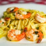 Super Simple Shrimp Scampi close up photo of a single serving on a white plate
