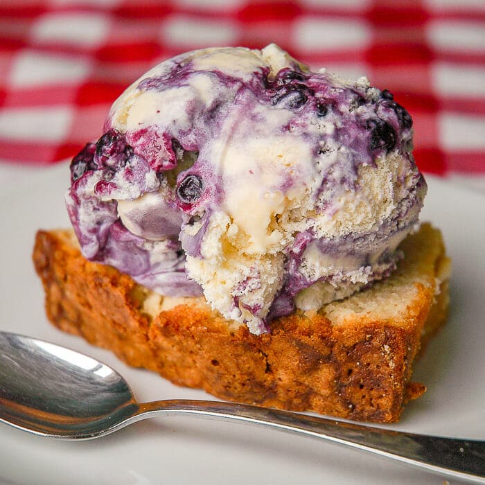 Blueberry Ripple Ice Cream on a slice of Vanilla Pound Cake.