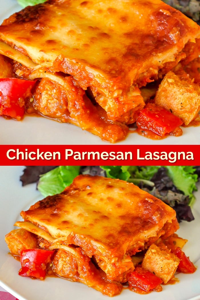 Chicken Parmesan Lasagna photo collage with title text for Pinterest