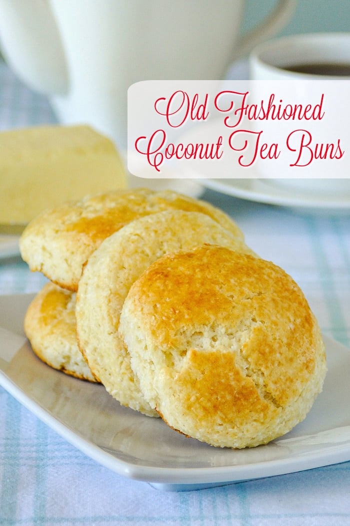 Coconut Tea Buns photo of buns on a white serving plate with title text added for Pinterest