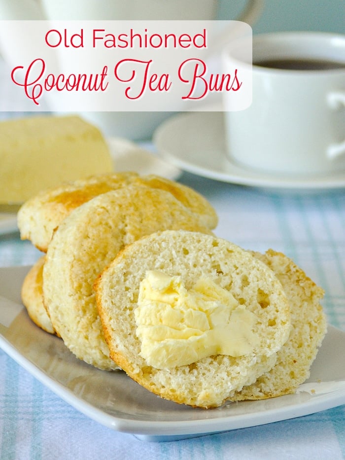 Coconut Tea Buns photo with title text added for Pinterest