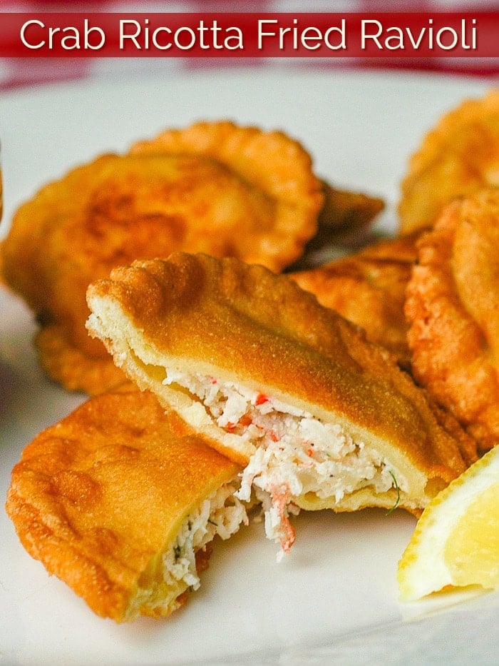Crab Ricotta Fried Ravioli photo with title text for Pinterest