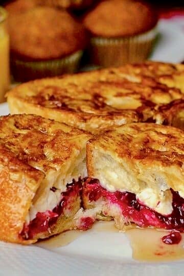 Partridgeberry Cream Cheese Stuffed French Toast close up featured photo