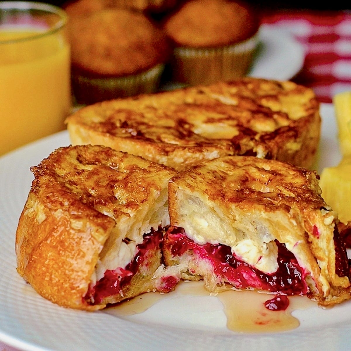 Partridgeberry Cream Cheese Stuffed French Toast close up featured photo