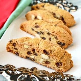 Almond Raisin Biscotti shown served on a small white and silver platter