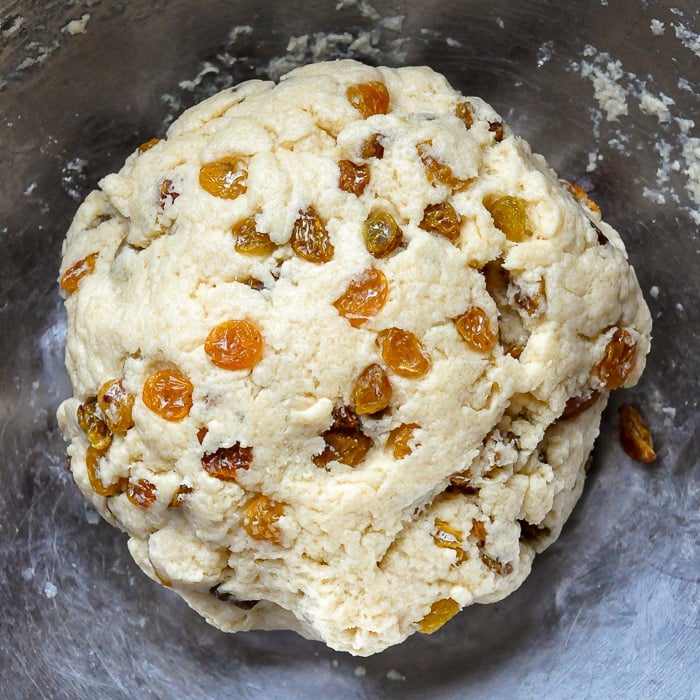 Newfoundland Figgy Duff dough in a metal bowl, ready to go into the pudding bag