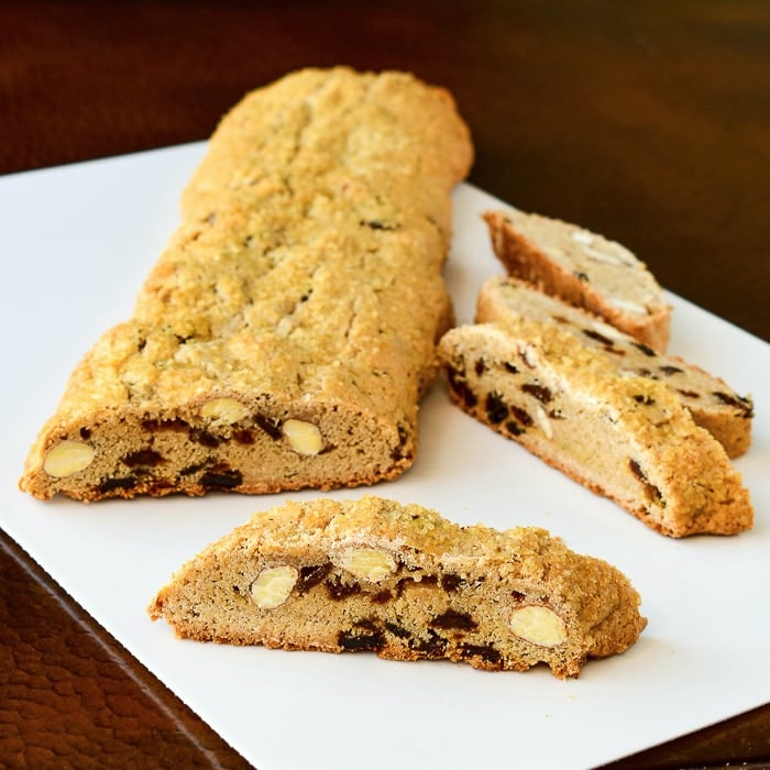 Slicing Almond Raisin Biscotti for the second bake