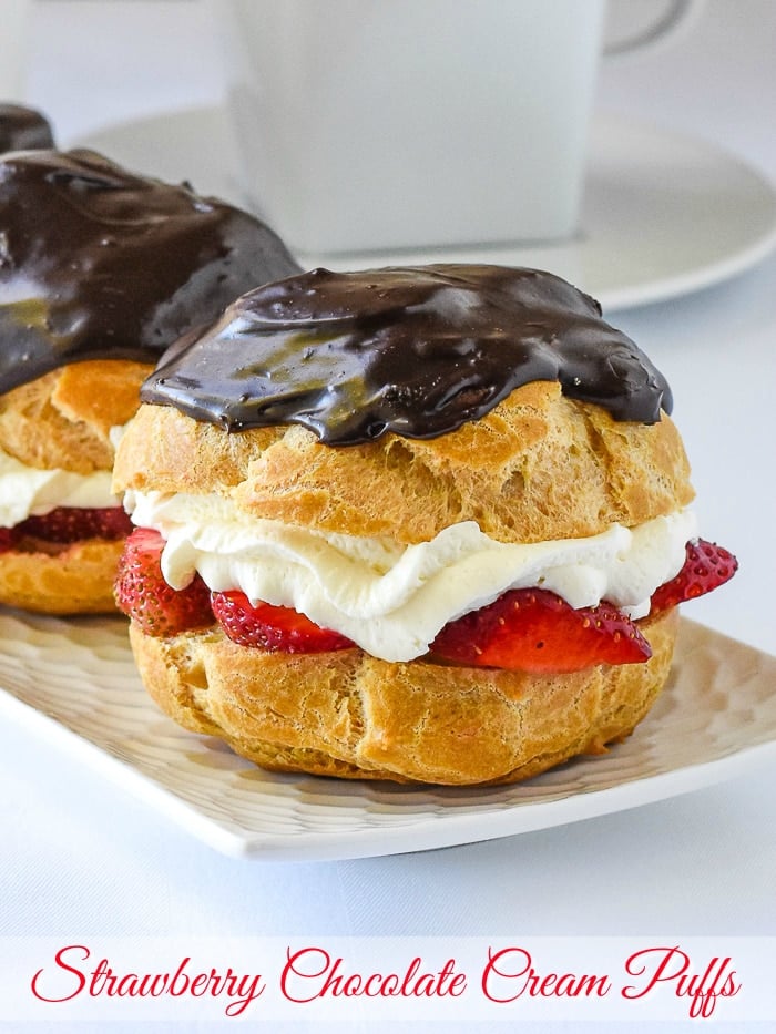 Strawberry Chocolate Custard Cream Puffs photo with title text added for Pinterest