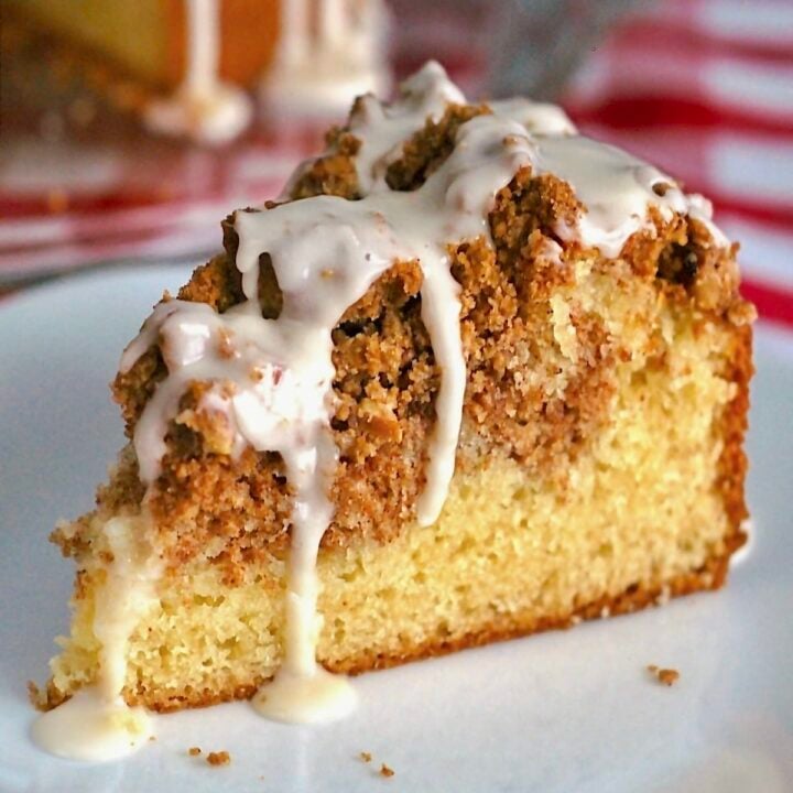 Pecan Streusel Coffee Cake photo of one slice on a white plate