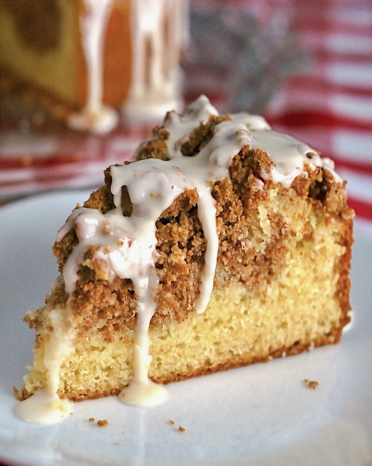 Pecan Streusel Coffee Cake photo of one slice with title text added for social media.