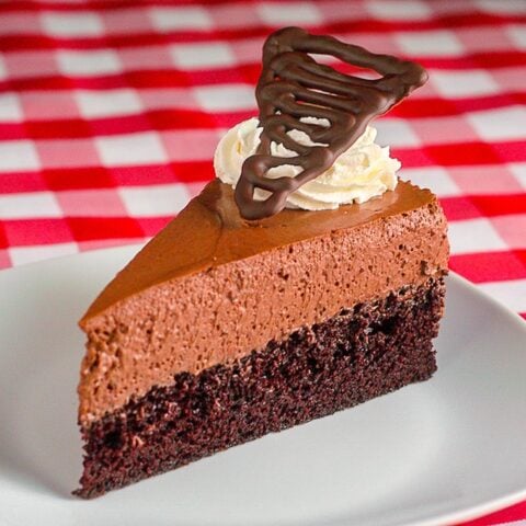 Ragged Rock Chocolate Rum Mousse Cake single serving on a white plate