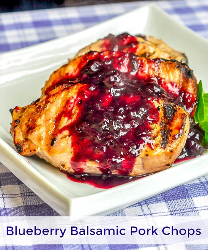 Blueberry Balsamic Pork Chops photo with title text graphic for Pinterest