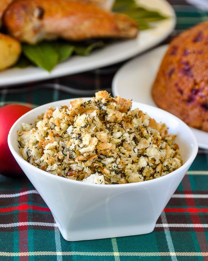 Newfoundland Dressing in a white bowl with turkey in background