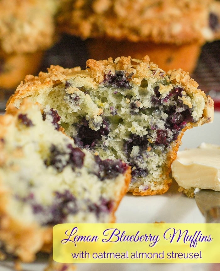 Lemon Blueberry Muffins with oatmeal almond streusel photo with title text for Pinterest