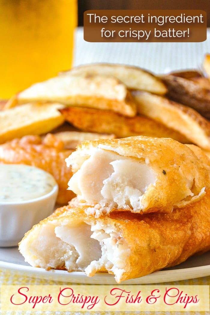 Super Crispy Fish and Chips photo with title text added for Pinterest