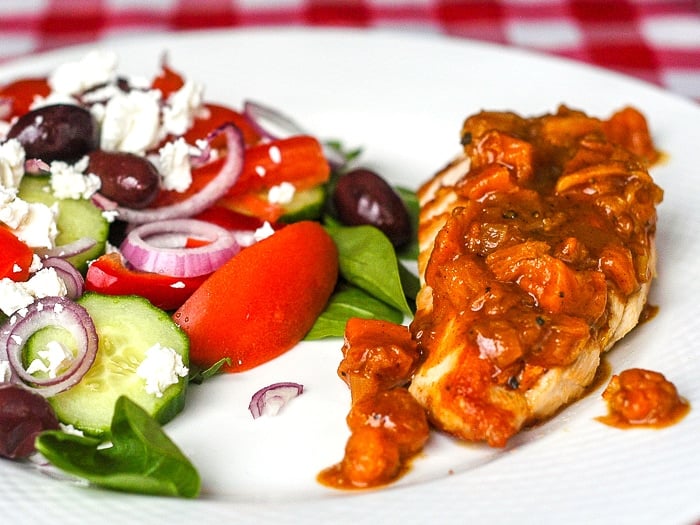 Bakeapple Peach Ginger Chutney on grilled chicken with side salad