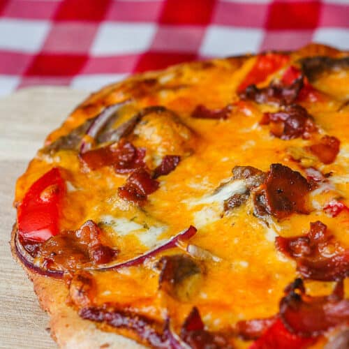 Barbecue Steak Pizza, on a wholesome whole wheat and oat bran crust!