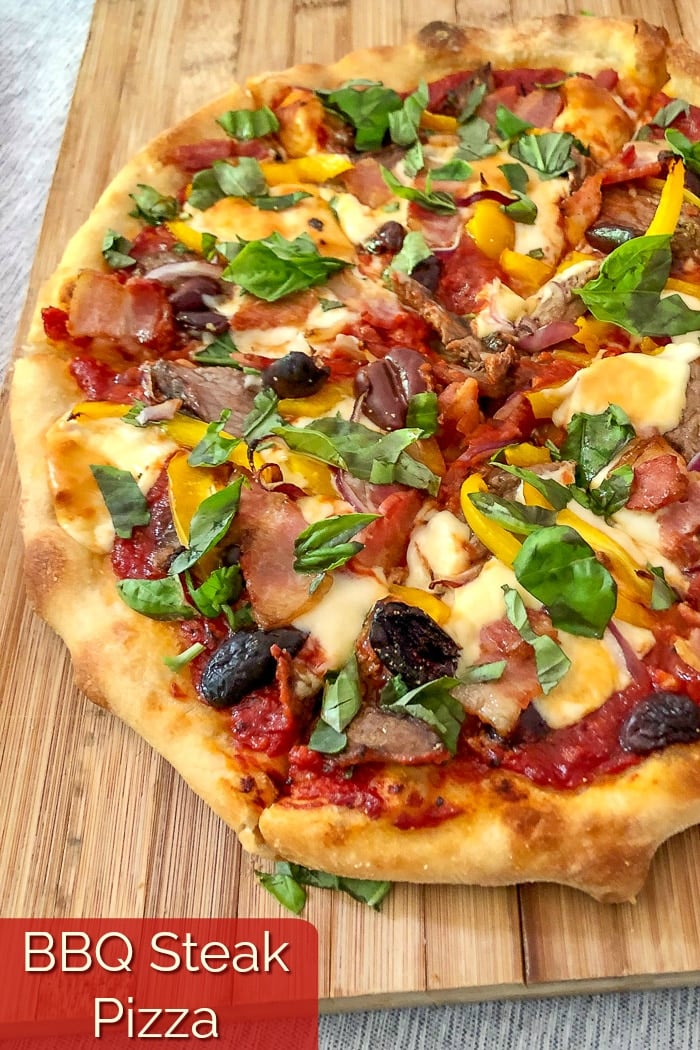 Barbecue Steak Pizza photo with title text for Pinterest