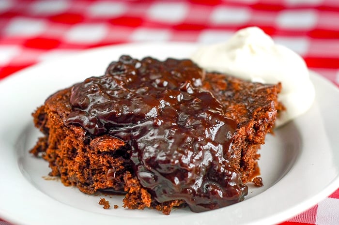 Easy Chocolate Pudding Cake shown on white plate with whipped cream garnish