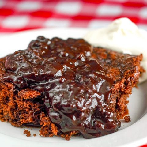 Easy Chocolate Pudding Cake square cropped featured image of a single serving on a white plate