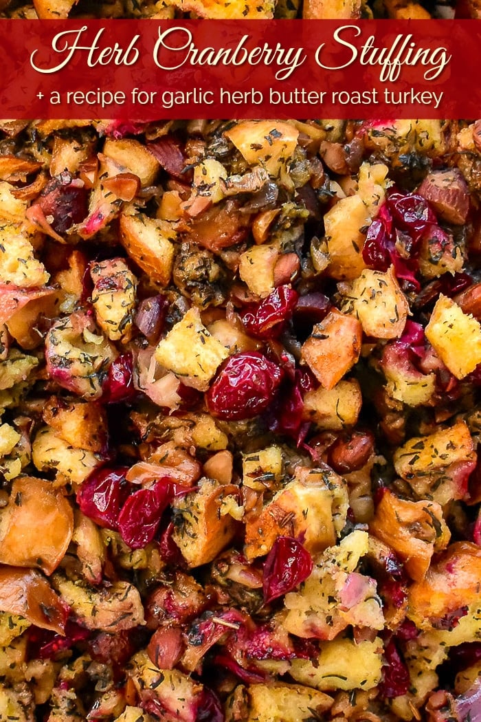 Herb Cranberry Stuffing overhead close up photo with title text added for Pinterest