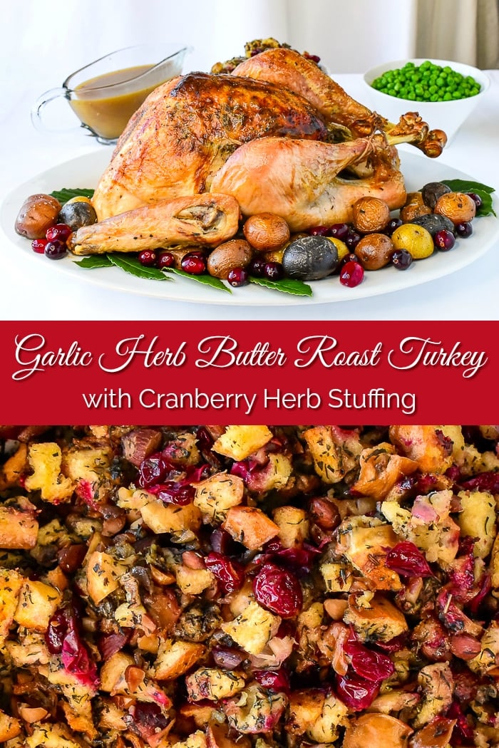 Herb Cranberry Stuffing with roast turkey collage with title text added for Pinterest