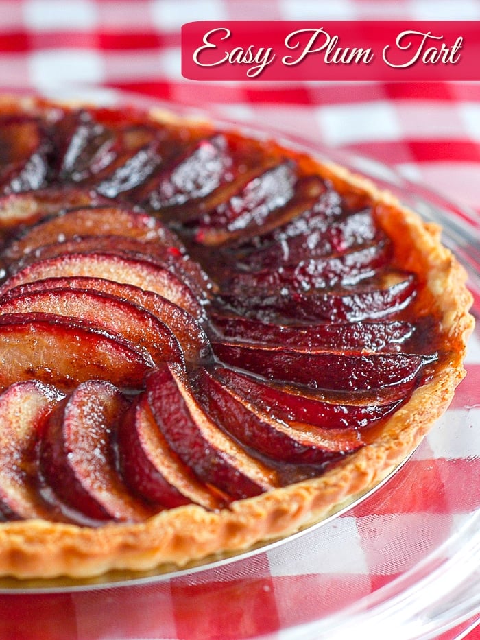 Plum Tart image of uncut tart with title text added for Pinterest
