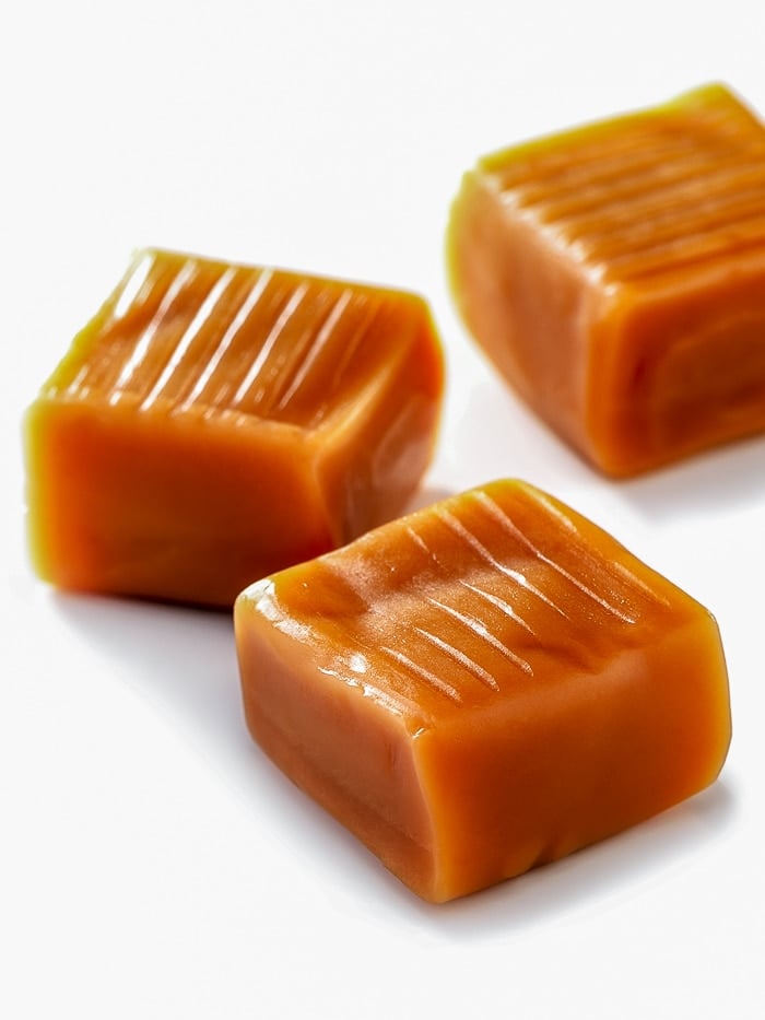 Soft Caramel Candies close up photo on white background.