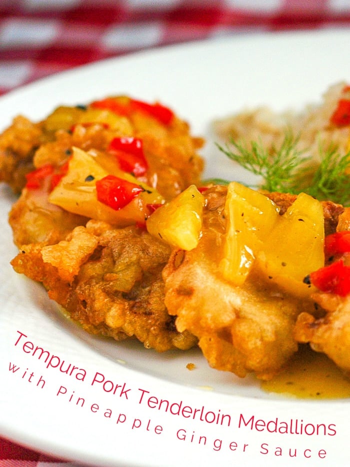 Tempura Pork Tenderloin Medallions photo with title text added for Pinterest