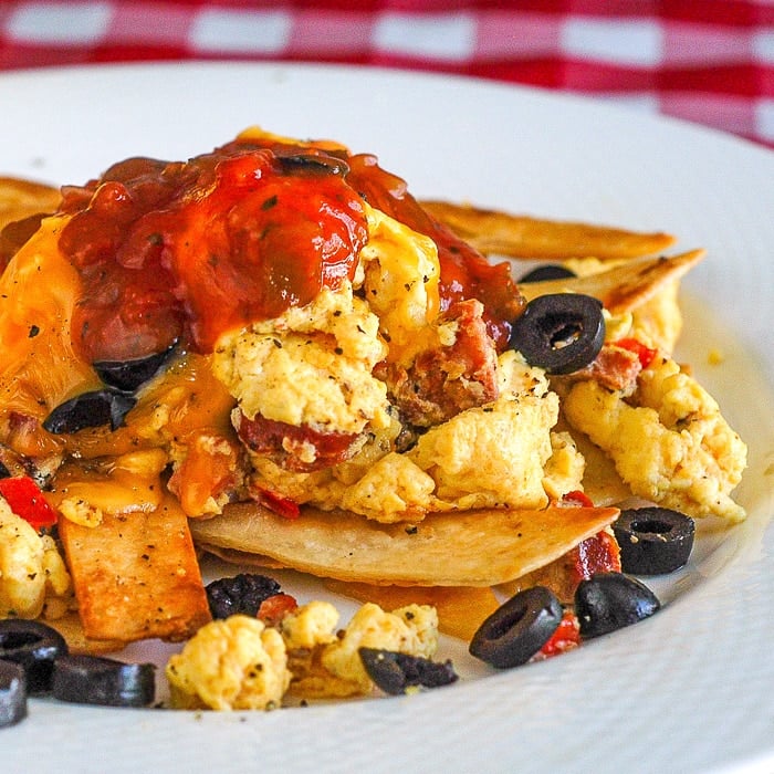 Chorizo Breakfast Nachos close up photo for featured image