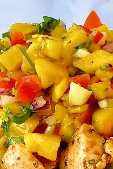 Close up photo of Mango lime salsa.