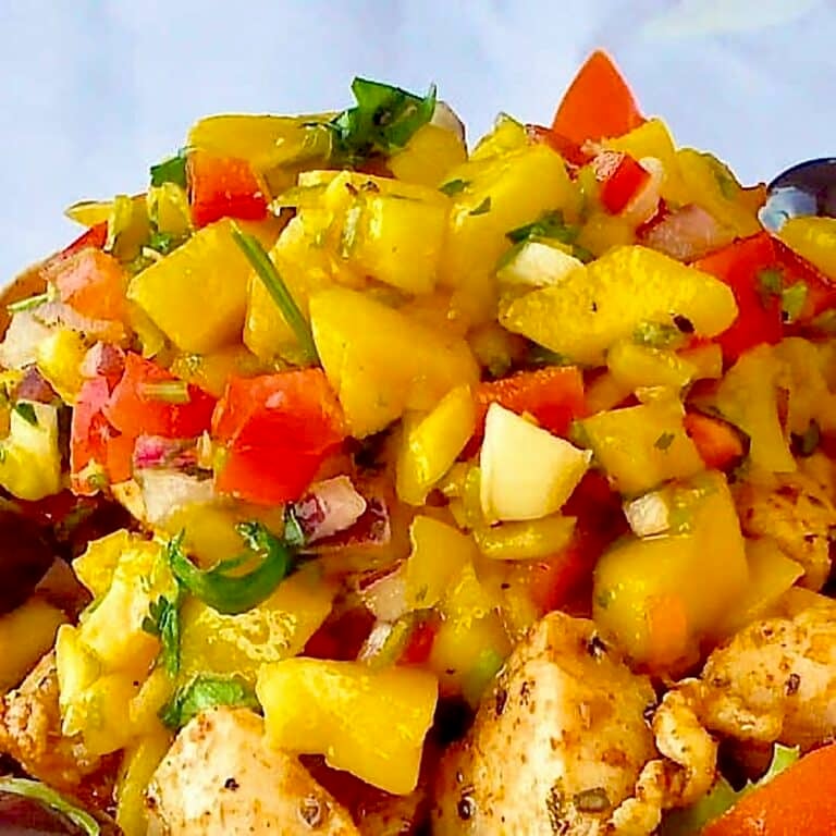 Close up photo of Mango lime salsa.