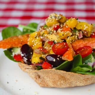 Cumin Salmon Spinach Salad Bowl with Mango Lime Salsa