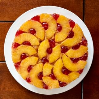 overhead shot of baked completed Pineapple Upside Down Cake.