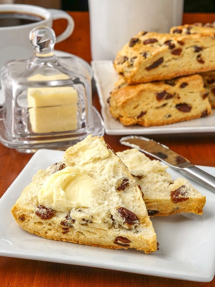 Sugar Free Scones served with butter spread on scone cut in half horizontally