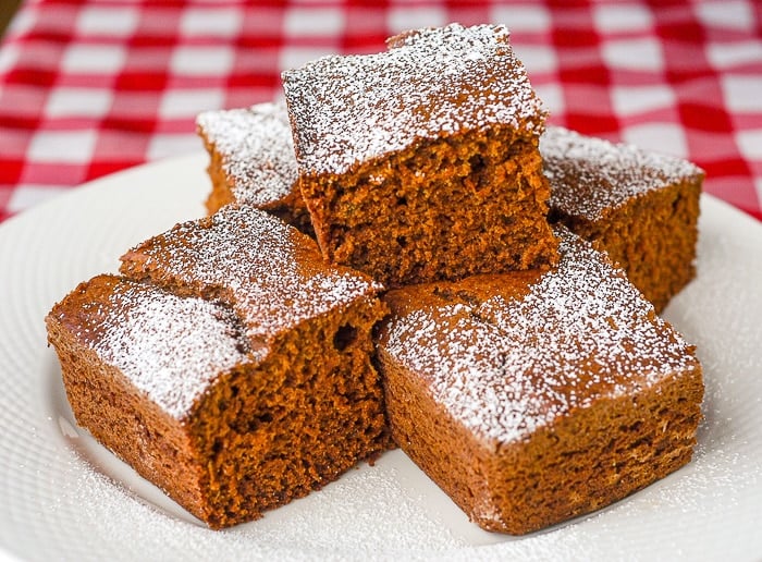 Sweet Potato Snack Cake stacked on a white plate