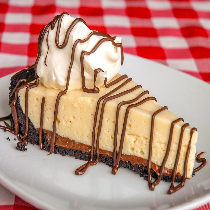 Black Bottom Pie photo of a single slice on a white plate