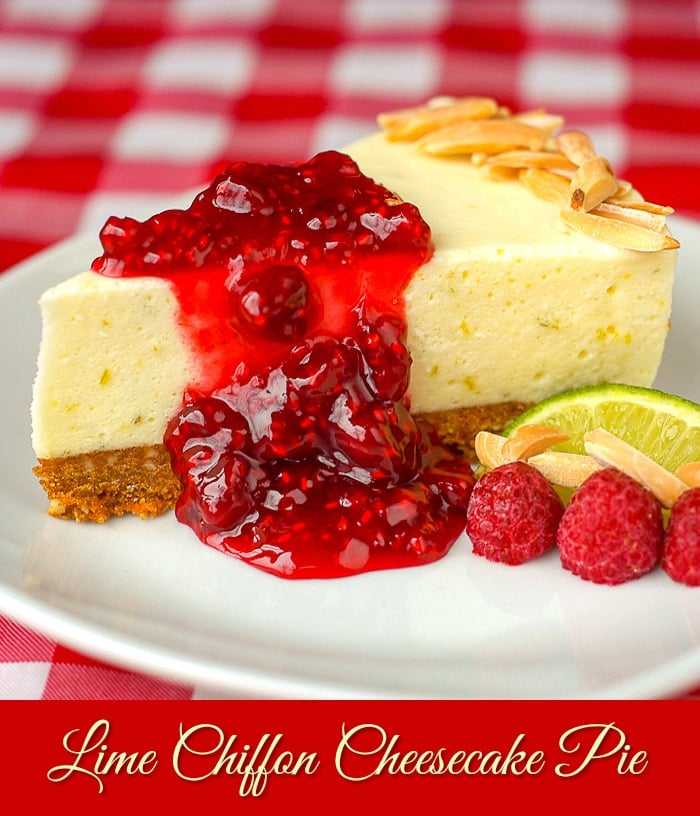 Lime Cheesecake Chiffon Pie with Raspberry Compote photo with title text added for Pinterest