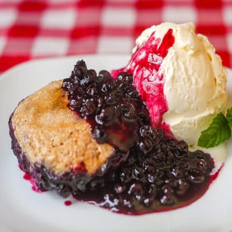 Cinnamon Biscuit Blueberry Cobbler photo of a single serving with vanilla ice cream on a white plate
