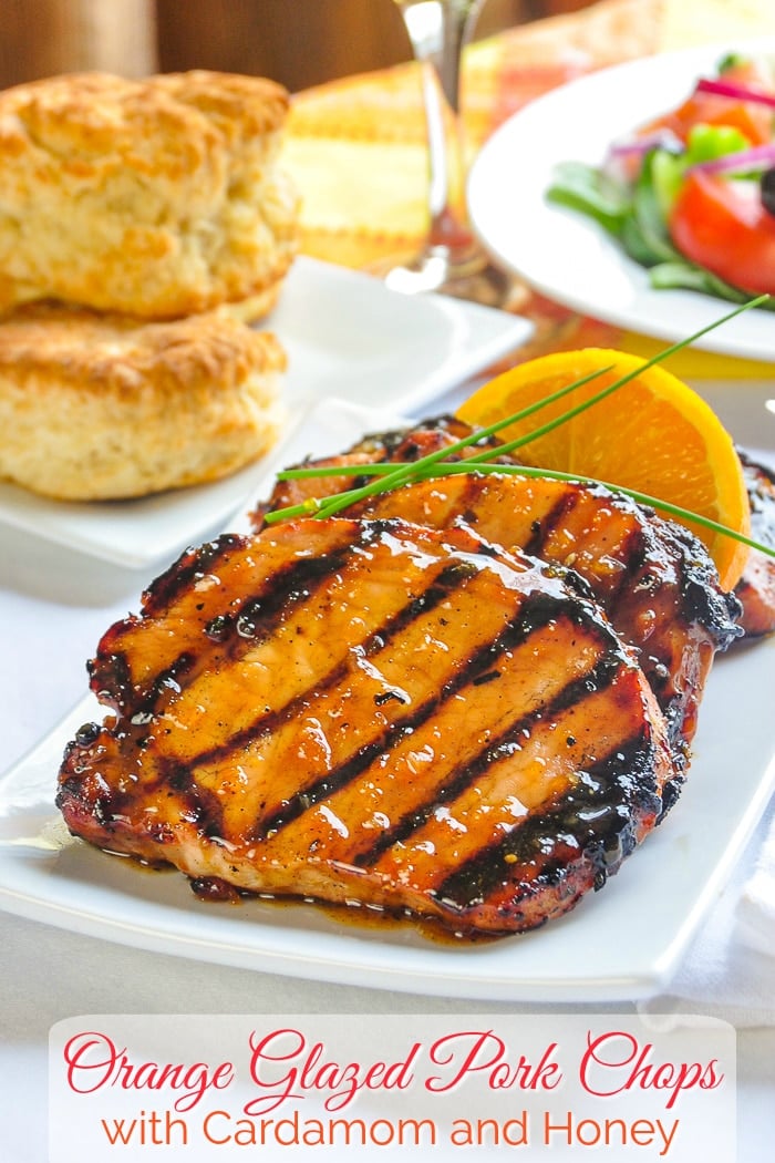 Orange Glazed Pork Chops with Cardamom and Honey photo with title text added for Pinterest