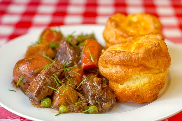 Burgundy Beef Stew photo of single serving with Yorkshire Pudding Popovers