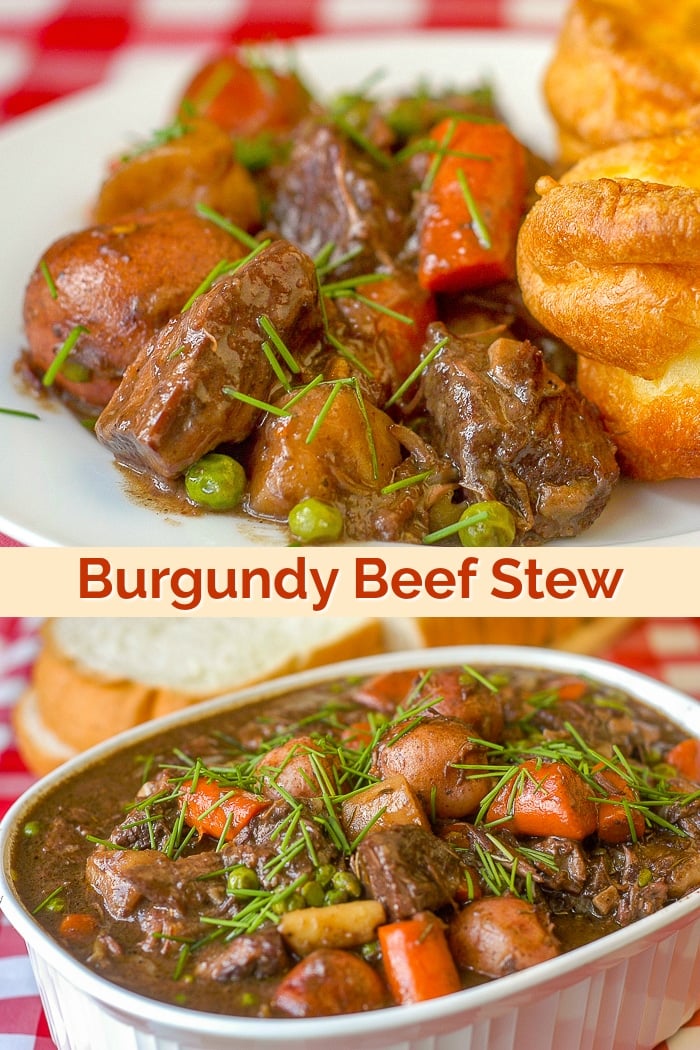 Burgundy Beef Stew photo with title text for Pinterest