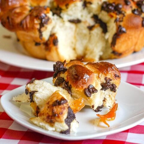 Orange Chocolate Monkey Bread photo of a single serving on a white plate