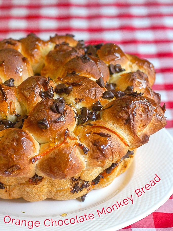 Orange Chocolate Monkey Bread photo of uncut bread with title text added for Pinterest